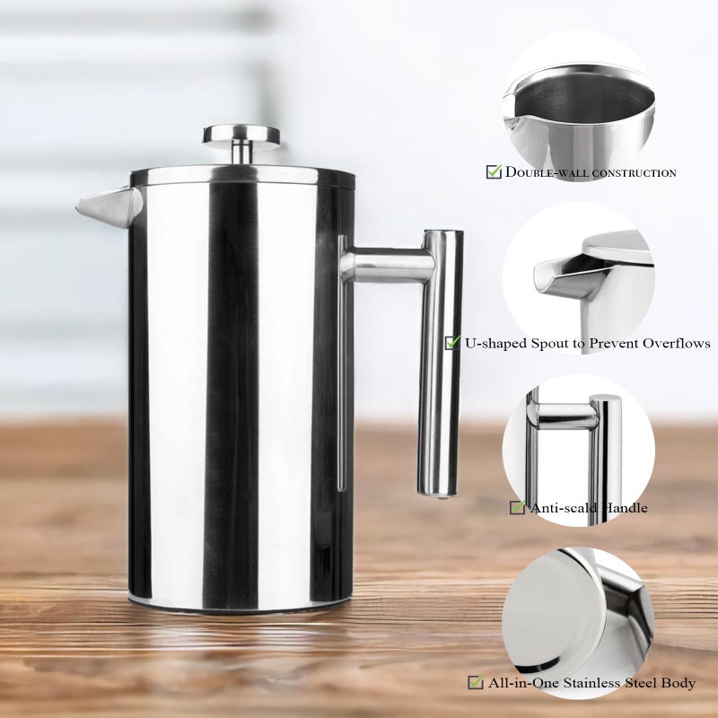 Highwin Small Stainless Steel French Press, 12oz Dual-Filter Coffee Plunger Pot Brewer and Maker for Individual Serving, Silver - Image 2